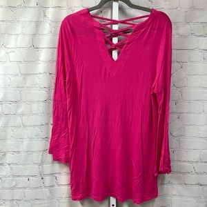 Umgee hot pink criss cross v-neck front & back bell sleeve large shirt
